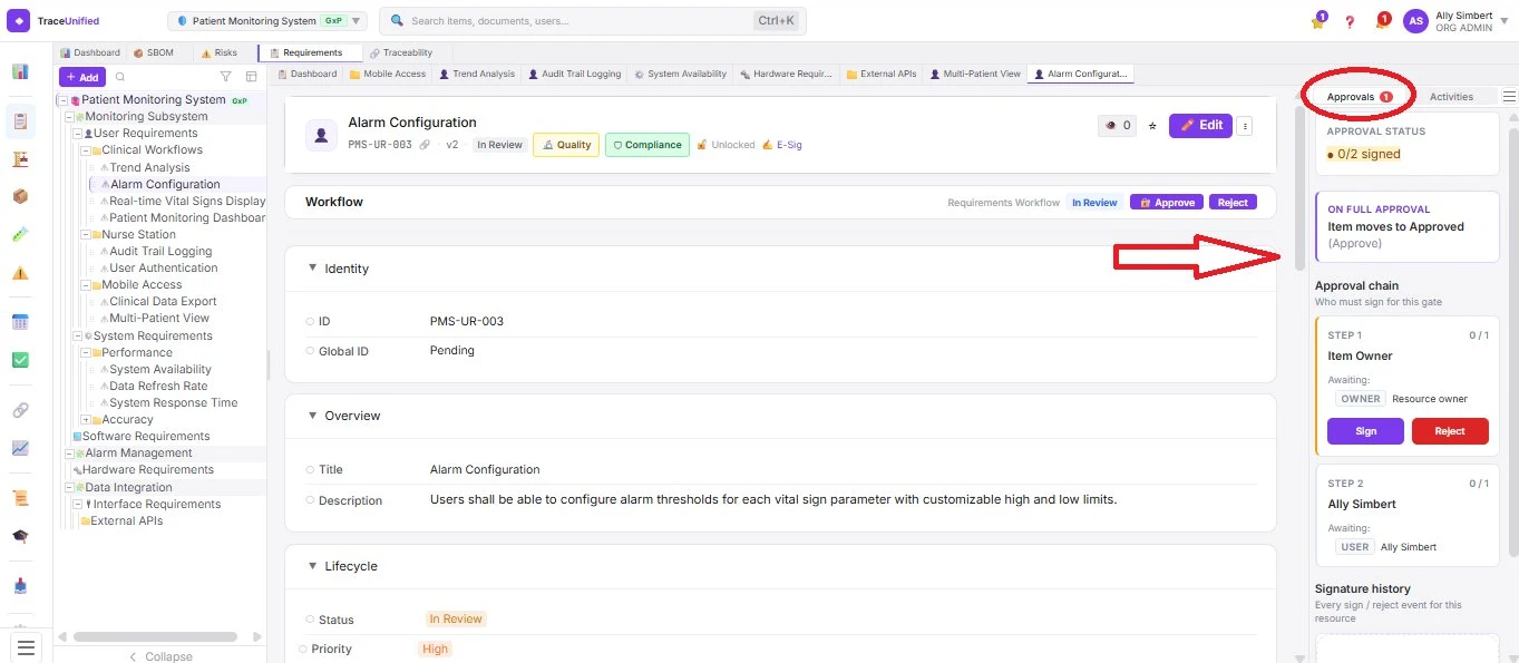 TraceUnified Approvals view