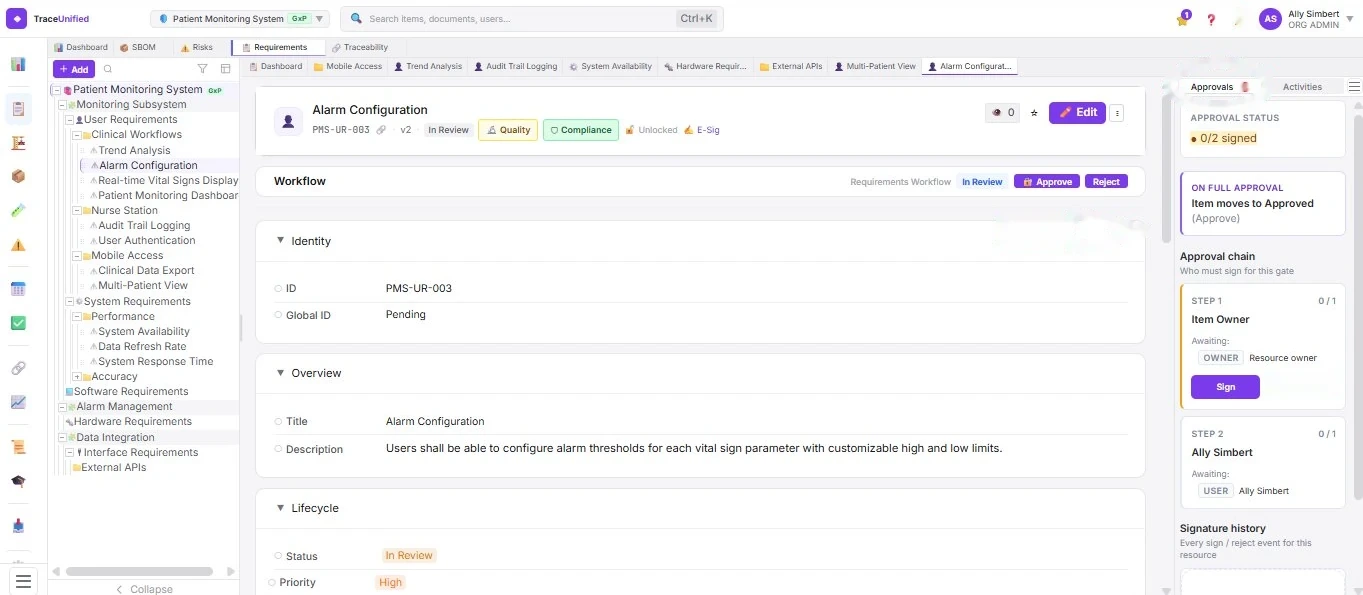 traceunified Approvals view