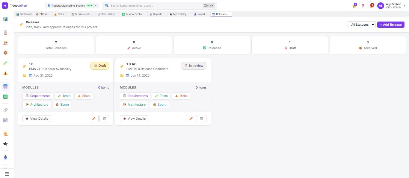 TraceUnified Releases view