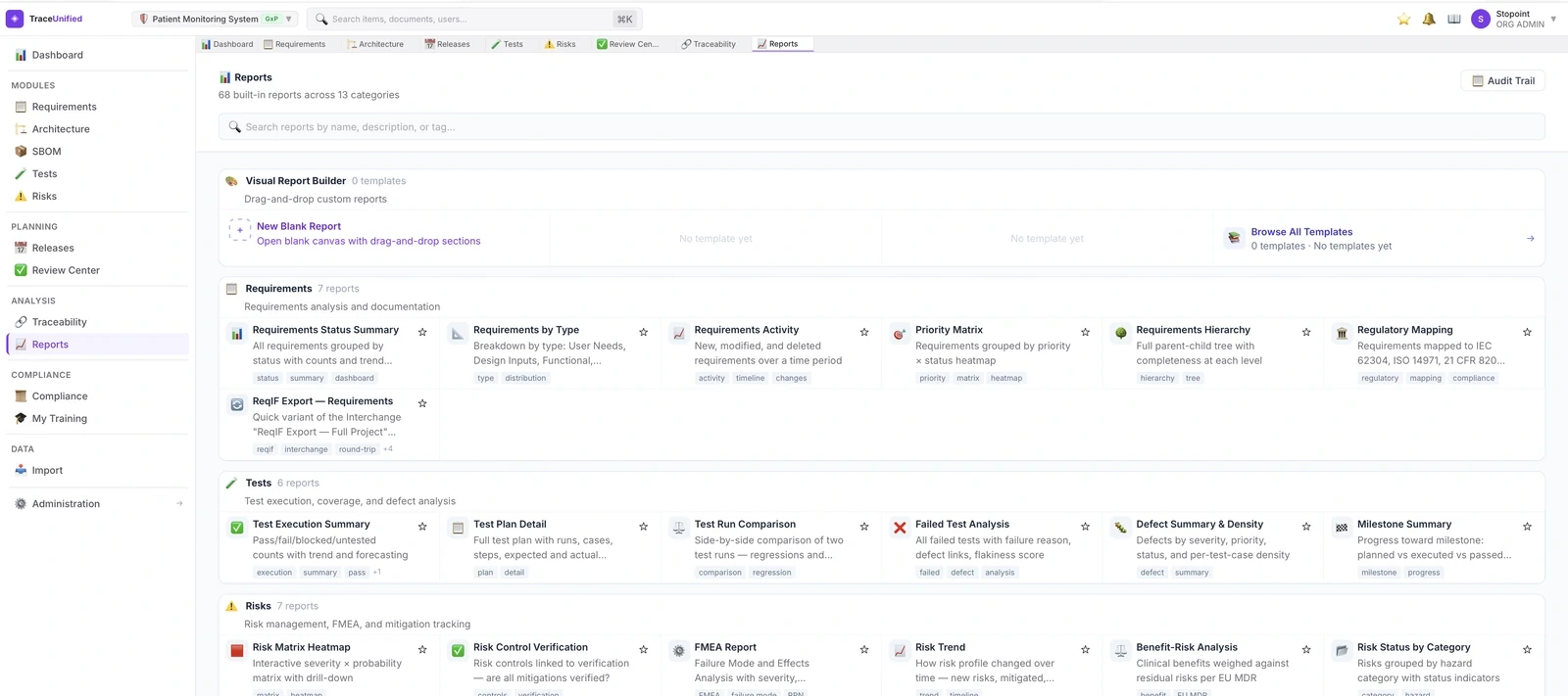 traceunified Reports view