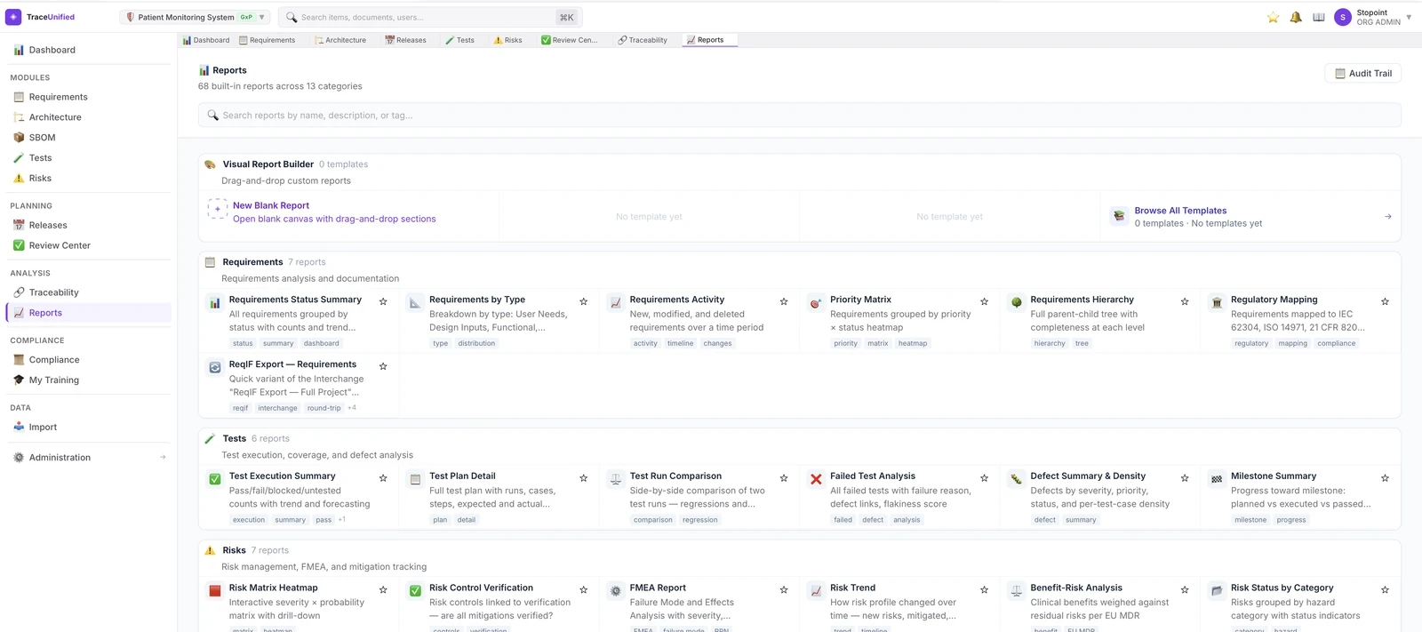 traceunified Reports view