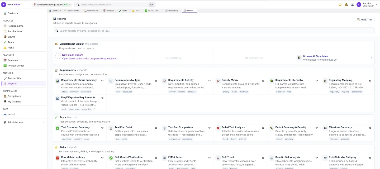 traceunified Reports view