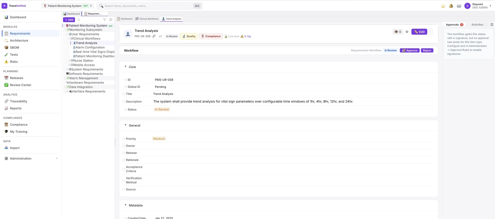 traceunified Requirements view