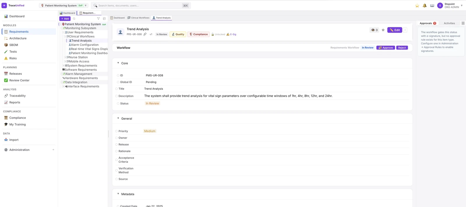 traceunified Requirements view