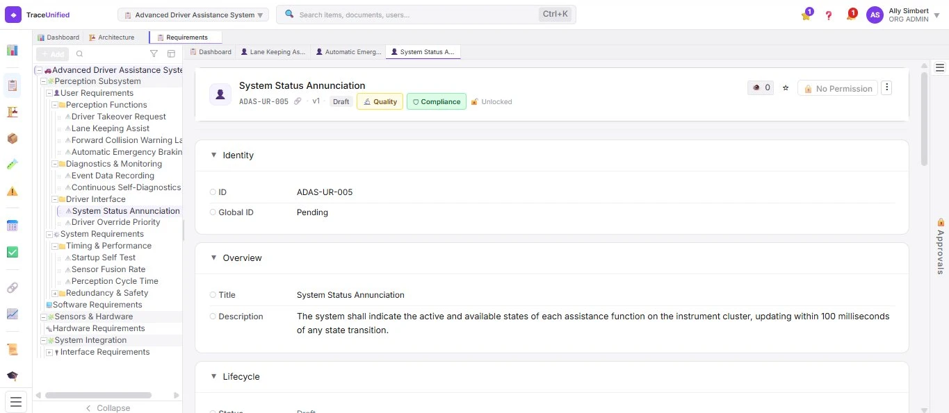TraceUnified Requirements view