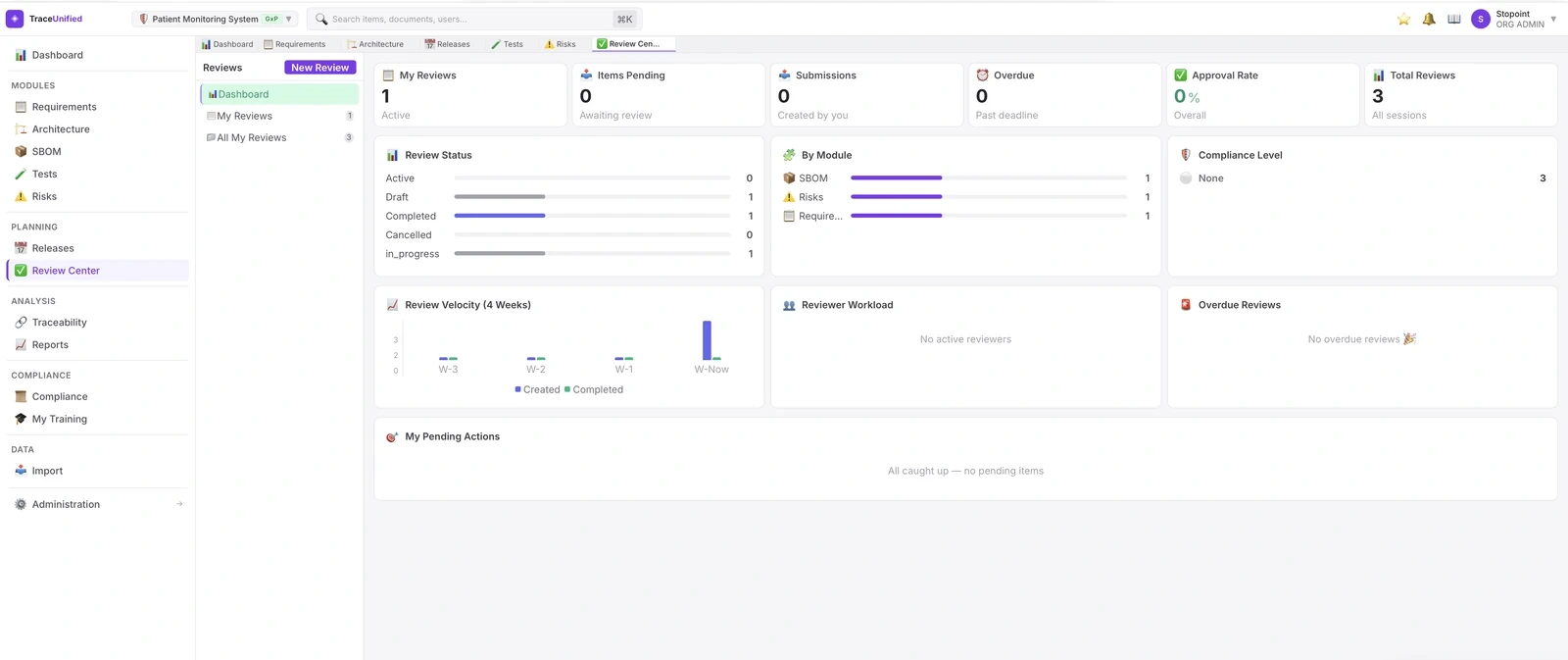 traceunified Review Center view