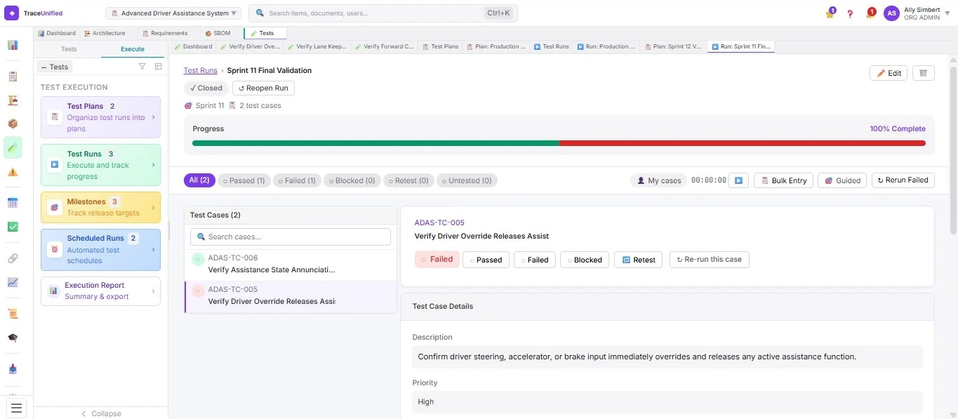 traceunified Tests view